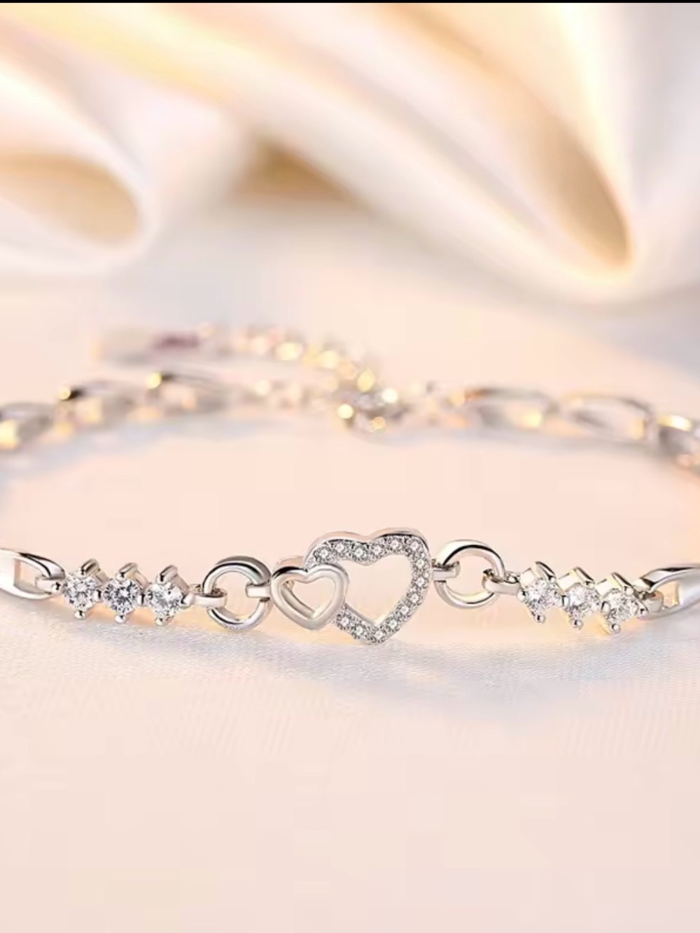 Silver Heart Link Bracelet with Cubic Zirconia Accents new